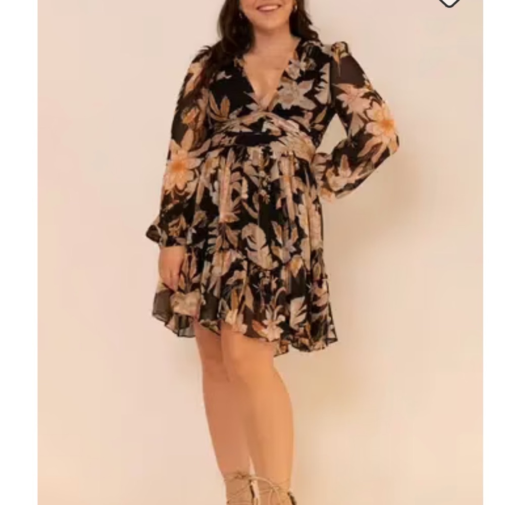 SHEIKE Plunging Neck Sheer Long Sleeve Brown Black Floral Tropical Mini Dress - Picture 4 of 15